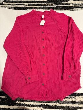 Zenana Gauze Raw Hem Button-Down Shirt in Hot Pink
